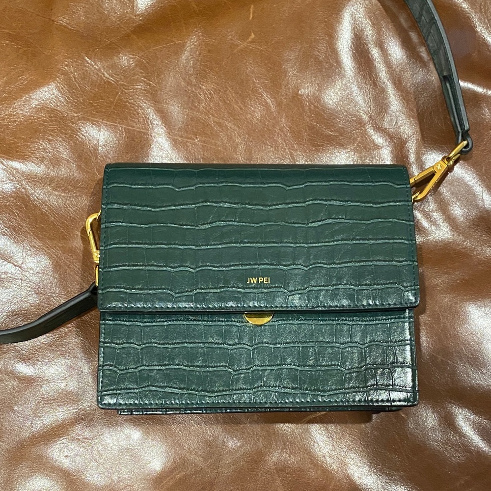 JW PEI Dark Green Croc-Embossed Crossbody Bag